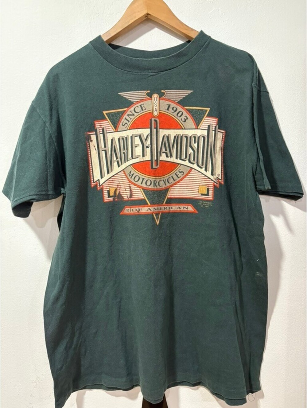 Vintage 1991 Harley Davidson 3D Emblem Green T-Shirt XL Burlington VT